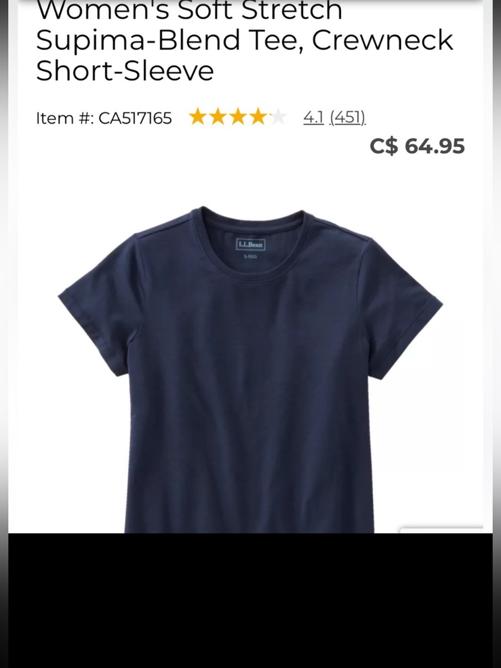 LL Bean Supima Cotton Tee, Navy, Large